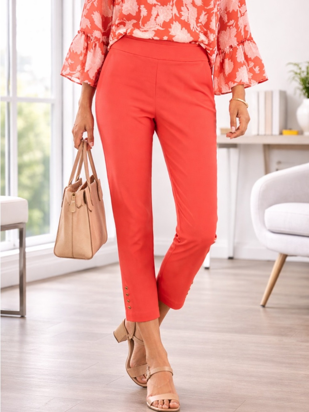 JM Collection Coral Pull-On Pants Stretch Ankle Capri Workwear Casual Chic Sz L